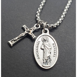 St. Raphael Archangel Necklace, Silver Necklace, Catholic Gift, Catholic Holy Medal & Cross Charm Necklace