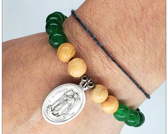 Archangel Raphael Bracelet: Jade, Wood, and Silver Catholic Charm