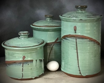 Full Size Copper Green Stoneware Canister Set  The perfect kitchen gift idea largest is 11" tall, will hold 15 cups  kitchen decor counter