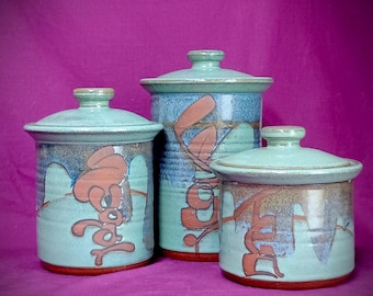 Decorated Handmade Stoneware  Canister Set     3 pc  handmade stoneware pottery set      made in Texas    Ships from USA