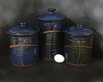 Full Size Midnight Blue Stoneware Canister Set     3 Pieces, 1 large and 2 medium     hand thrown pottery