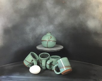 Handmade Copper Green Stoneware Demi-tasse Set   ¡Special Stealth Bargain!  included also in this listing only is the little round bud vase.