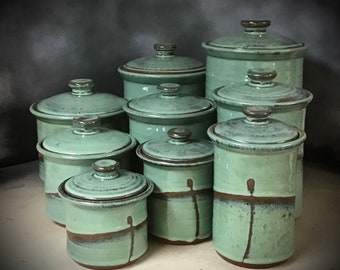 Hand Made Stoneware Canister Set   9 pieces with lids    This listing shows all three of my canister set sizes