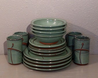 Green Hand Thrown Dinnerware Set-stoneware place settings-hand made dishes