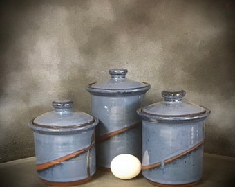 Petite Size Cobalt Blue Stoneware Canister Set     3 Pieces    Largest is 6 1/2" tall and will hold 4 cups