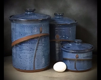 Full Size Cobalt  Blue Stoneware Canister Set     3 Pieces       hand thrown pottery