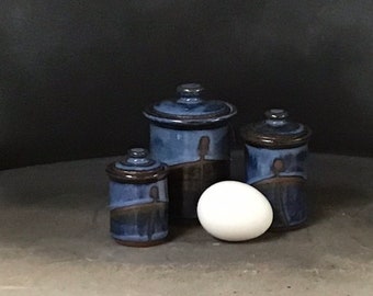 Tiny Handmade Cobalt Blue Stoneware Canister Set   3 piece set, largest is 4 3/4" tallpart of the Bruen Pottery Miniature Collection