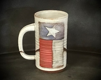 the Texas Pint   new from Bruen Pottery- this sturdy handmade Stein wearing the flag of Texas- holds 18 ounces- leadfree and dishwasher safe