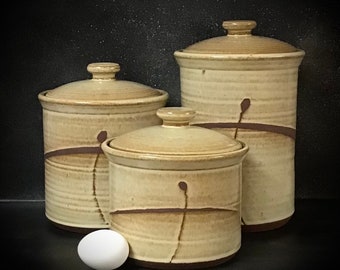 Hand Made Stoneware Canister Set     3 Pieces    hand thrown pottery