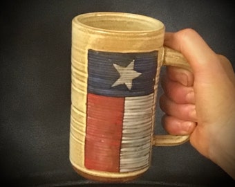 the Texas Pint   new from Bruen Pottery- this sturdy handmade Stein wearing the flag of Texas- holds 18 ounces- leadfree and dishwasher safe