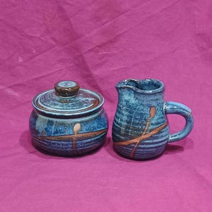 Blue HandMade Stoneware Creamer Set-Lidded Sugar Bowl-Handled Cream Pitcher