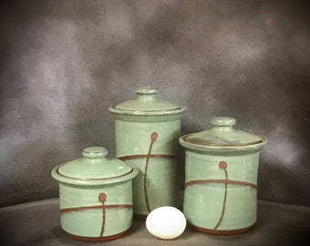 Petite Size Stoneware Canister Set     3 Pieces    Largest is 6 1/2" tall and will hold 4 cups