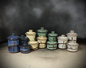 Tiny Handmade  Stoneware Canister Sets  12 piece set, largest is 4 3/4" tallpart of the Bruen Pottery Miniature Collection