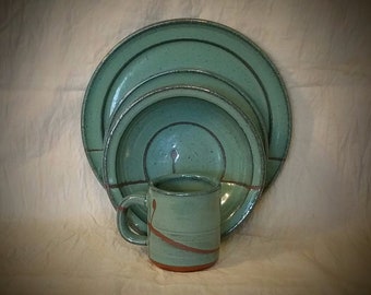 Hand Thrown Green Stoneware Place Setting-hand made dinnerware-dinner plates
