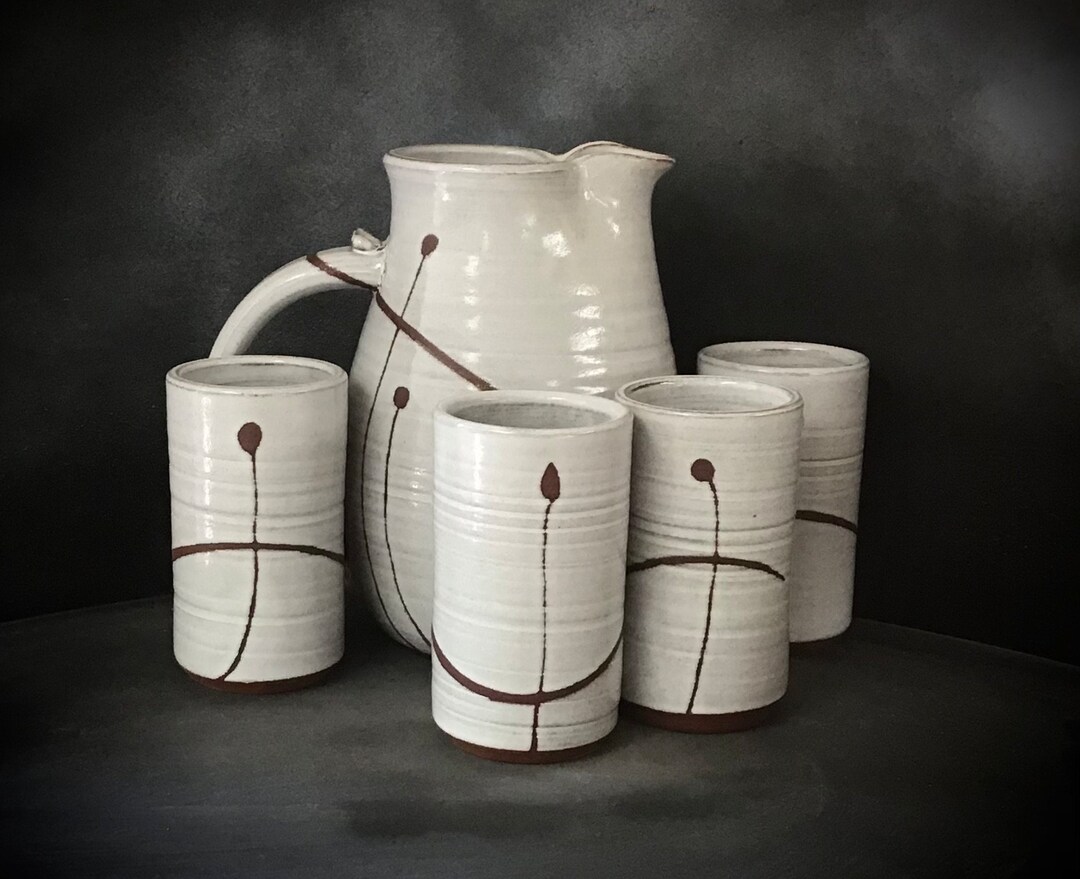 Vintage Handmade Pottery Stoneware Ice Tea Set Includes Four Tumblers ...