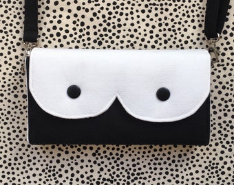 Boob Accordion Wallet, Necessary Wallet, Cross Body Bag, Clutch Bag, Screenprint Handmade Purse, Black and White