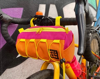 Bike Handlebar Bag, Barrel Bag, Round Bicycle Bag, Pink, Orange and Yellow, Bike Packing, Cycle Touring, Gift For Cyclist