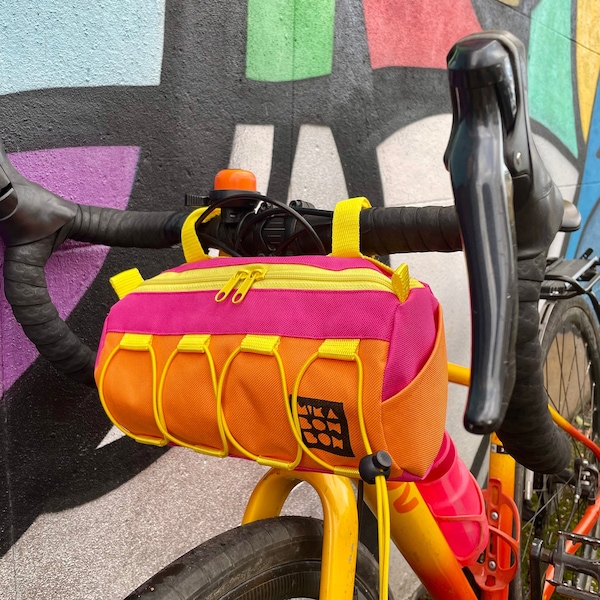 Sacoche de guidon de vélo, sacoche de baril, sacoche de vélo ronde, rose, orange et jaune, emballage de vélo, cyclotourisme, cadeau pour cycliste