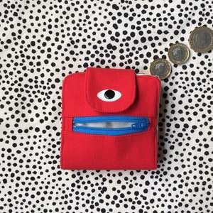 Cyclop Wallet, Cotton Canvas Coin Purse, Screen print Bi-fold Wallet, Handmade, Red image 2