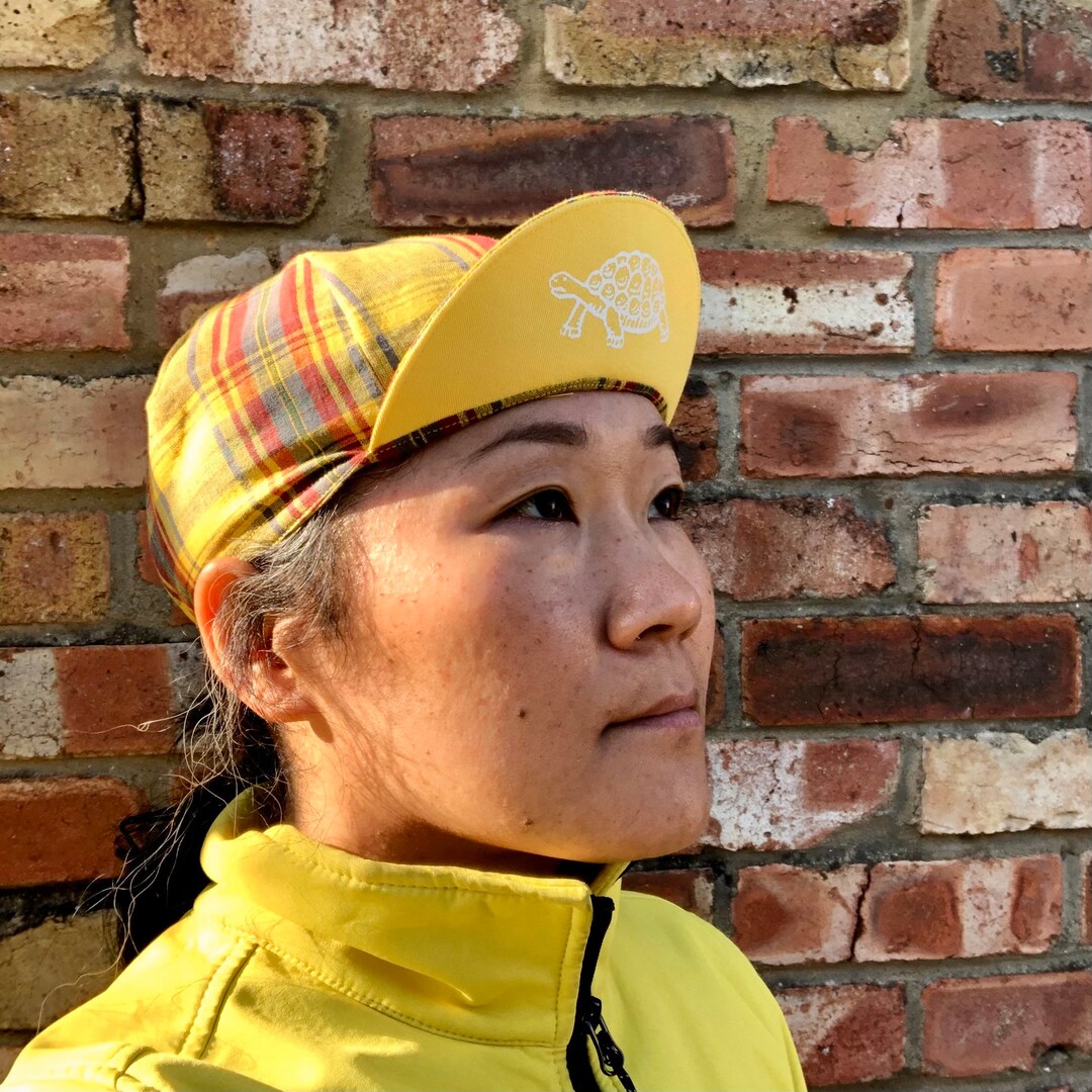 Tortoise and Hare Cycling Cap, Yellow Tartan Cycling Caps, Linen