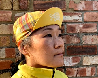 Tortoise and Hare Cycling Cap, Yellow Tartan Cycling Caps, Linen Handmade Messenger Caps, Four Panel Bike Caps