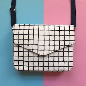 Silkscreen Printed Handbag, Handprinted Crossbody Bag, Envelope Purse, Monochrome Canvas Shoulder Bag, Hand Painted Grid Pattern
