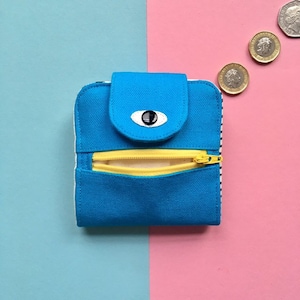 Cyclops Wallet, Cotton Canvas Coin Purse, Screen print Bi-fold Wallet, Handmade, Blue image 2