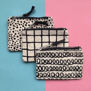 Screen-print Canvas Coin Purse, Dot Pattern Zip Pouch, Handmade Zip Bag, Monochrome Zip Case, Hand Painted Pattern image 4