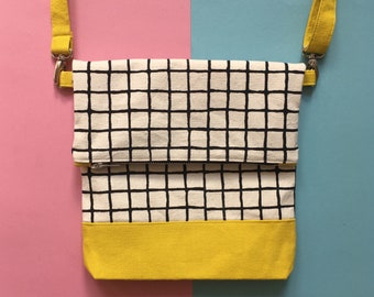 Screenprinted Colour block Folding Crossbody bag, Grid Pattern Cotton Canvas Shoulder Bag, Yellow