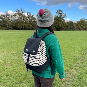 Screen printed Canvas Backpack, Striped pattern, Loopy pattern,  Black Colour Block  Rucksack, Large Backpack, Handmade Backpack, Lottie