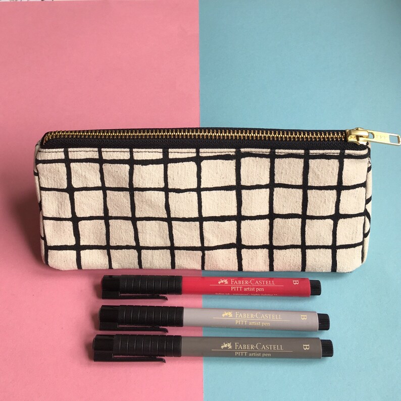 Screen-print Triangle Pencil Case, Grid Pattern Zip Pouch, Cotton Canvas Zip Bag, Handmade Cosmetics Case image 6