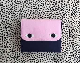 Eyebag Accordion Wallet, Small Clutch Wallet, Necessary Wallet, Screenprint Handmade Purse, Pink and Navy