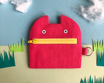 Zip Monster Coin purse, Pink Cotton Canvas Zip Pouch, Key Ring, Handmade Coin Pouch