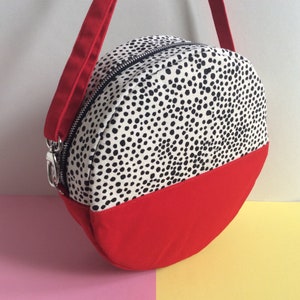Pill Circular Crossbody Bag, Screen Printed Colour Block Red Handbag, Round Shoulder Bag, Dot pattern image 3
