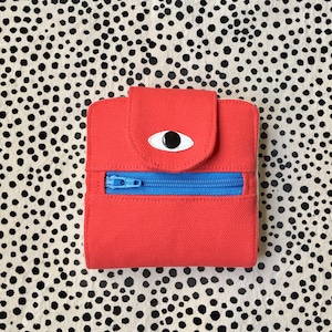 Cyclop Wallet, Cotton Canvas Coin Purse, Screen print Bi-fold Wallet, Handmade, Red image 1