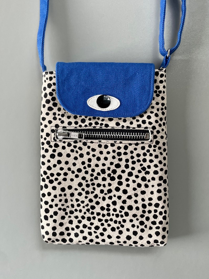 Crossbody Phone Case, Smartphone Sleeve, Screen printed Cotton Canvas Phone Holder, Various Colours and Patterns, Cyclops Bag Spotty