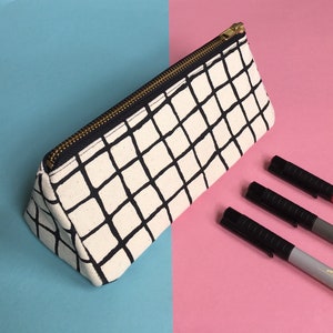 Screen-print Triangle Pencil Case, Grid Pattern Zip Pouch, Cotton Canvas Zip Bag, Handmade Cosmetics Case image 1