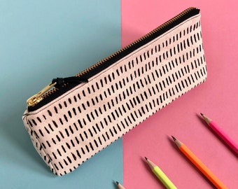 Screen-print Triangle Pencil Case,  Hand Painted Pattern Zip Pouch, Cotton Canvas Zip Bag, Handmade Cosmetics Case, Hairy Pattern