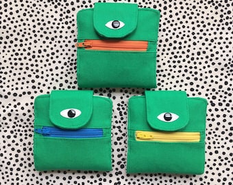 Cyclops Wallet,  Cotton Canvas Coin Purse, Screen print Bi-fold Wallet, Handmade, Green