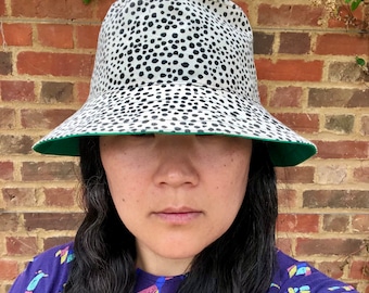 Reversible Bucket Hat, Spotty Pattern Screen Printed Cotton Sun Hat, Hand Printed, Summer Fashion, Holiday Wear, Green, Navy, Khaki, Yellow