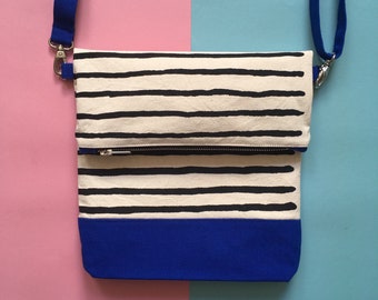 Screenprinted Colour block Folding Crossbody bag, Striped pattern Cotton Canvas Shoulder Bag, Royal blue