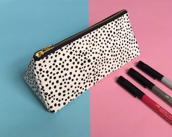 Screen-print Triangle Pencil Case, Dot Pattern Zip Pouch, Handmade Zip Bag,  Cotton Canvas Cosmetics Case