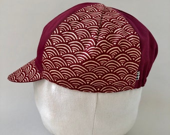 Tortoise and Hare Cycling Cap, Japanese Cotton Cycling Caps, Handmade Messenger Caps, Four Panel Bike Caps, Red Seigaiha Pattern