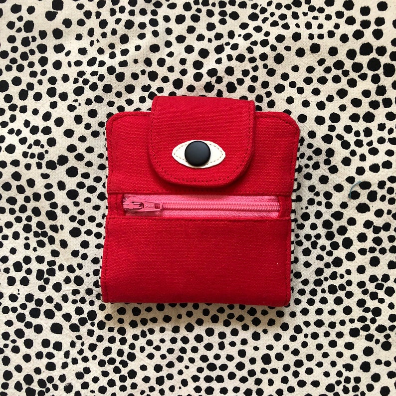 Cyclop Wallet, Cotton Canvas Coin Purse, Screen print Bi-fold Wallet, Handmade, Red image 8