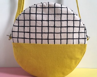 Pill Circular Crossbody Bag, Screen Printed Colour Block Circle Yellow Handbag, Round Shoulder Bag, Grid Pattern