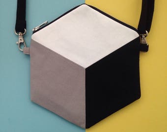 Cube cross body bag, hexagon handbag, monochrome