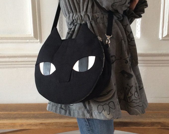 Black Cat Bag Canvas Crossbody Bag Hand Bag Large Handmade Hand Printed ...