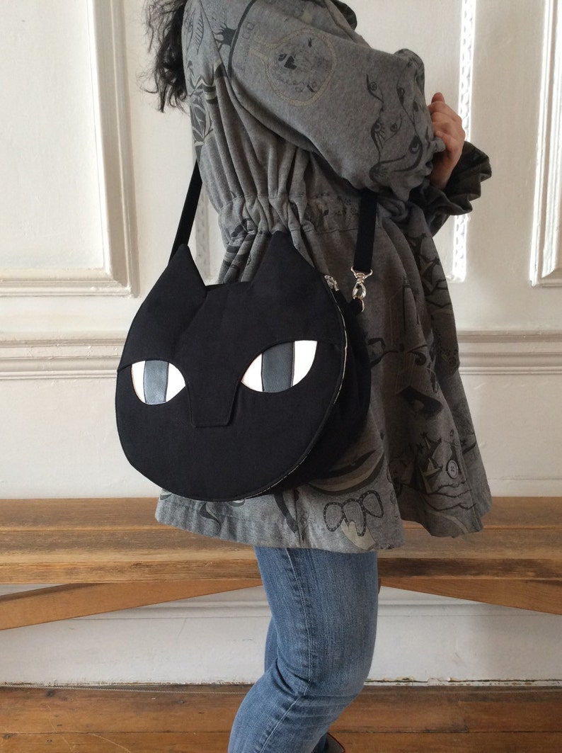 Black Cat Bag Canvas Crossbody Bag Hand Bag Large Handmade Hand Printed Silkscreen Print Gift for Cat lovers image 1