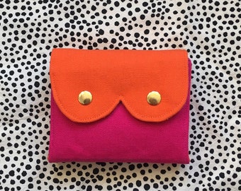 Boob Accordion Wallet, Small Clutch Wallet, Necessary Wallet, Screenprint Handmade Purse, Orange Boob and Hot Pink Body