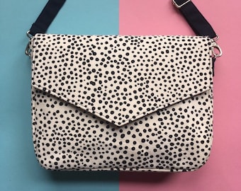 Silkscreen Printed Handbag, Handprinted Crossbody Bag, Envelope Purse, Monochrome Canvas Shoulder Bag, Hand Painted Dot Pattern